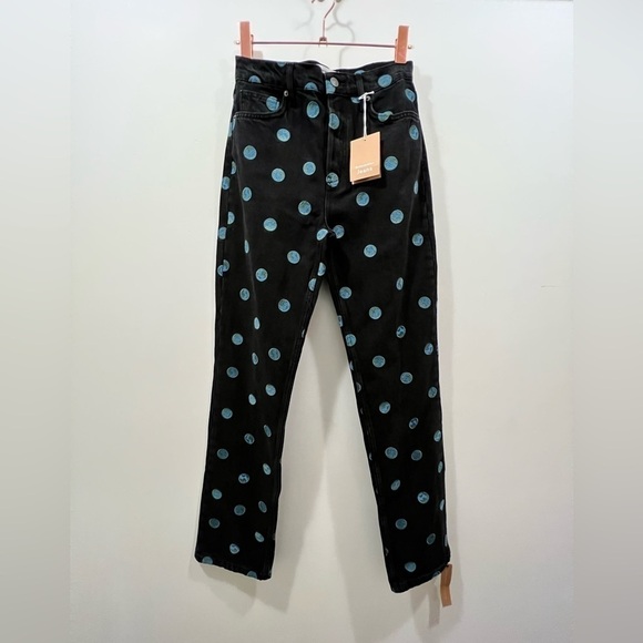 Reformation Black and Blue Polka Dot Straight Leg Jeans - Picture 6 of 11